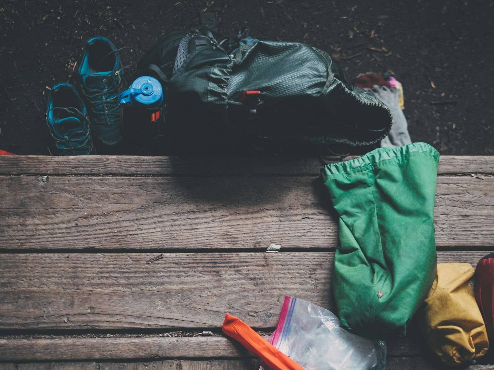 Hiking backpack packed with trail gear, the kind of light setup that works for the Camino Portugues