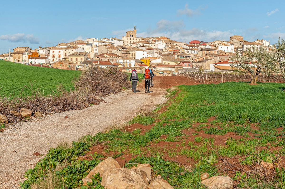 Two pilgrims walking a dirt track toward the hilltop village of Cirauqui in Navarre on the Camino Frances