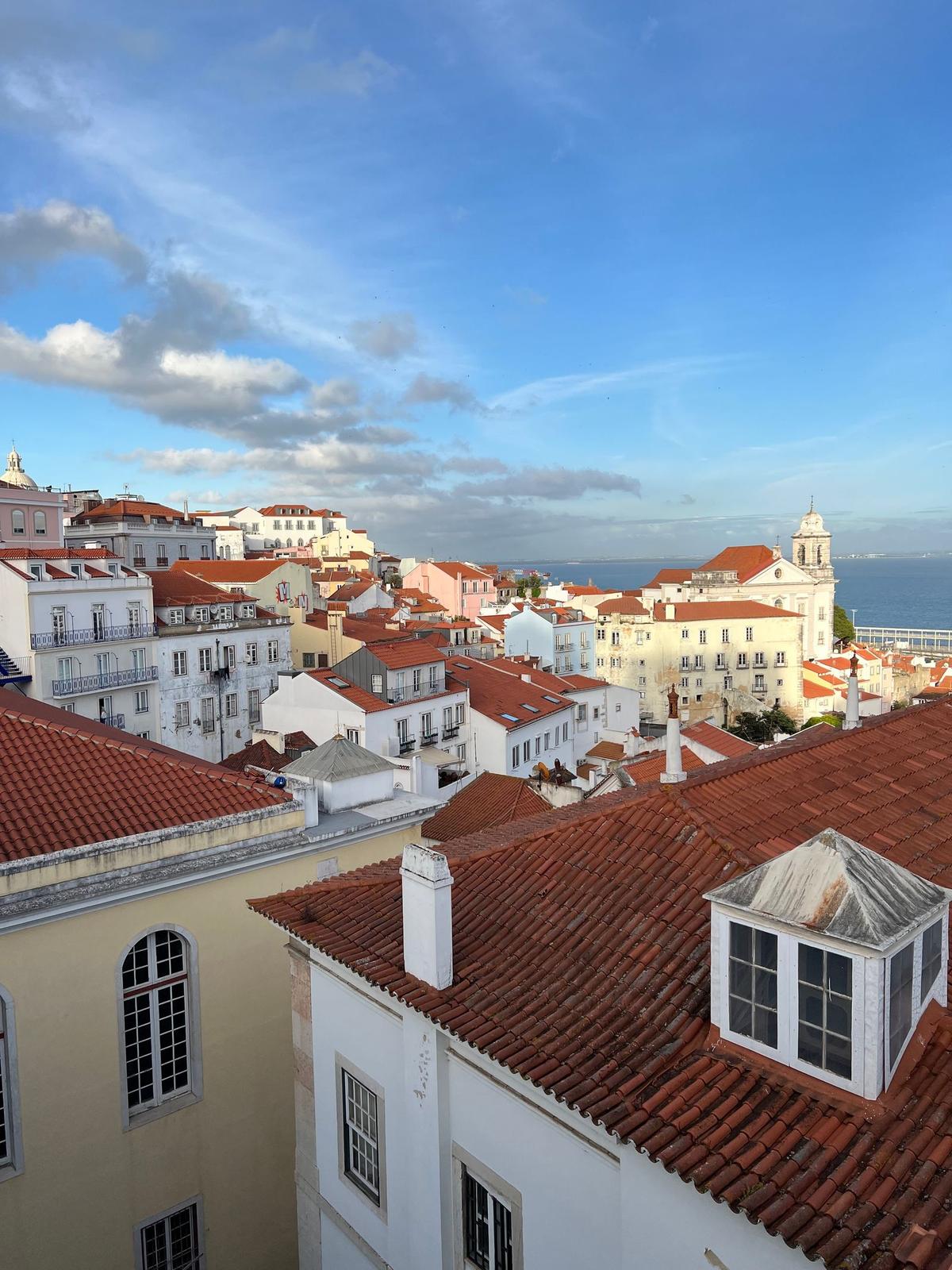 Terracotta rooftops of Alfama overlooking the Tagus river in Lisbon